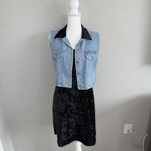 NWT Vintage 90s Tickets Clothing Western 2 Piece Crushed Velvet Dress Denim Vest
